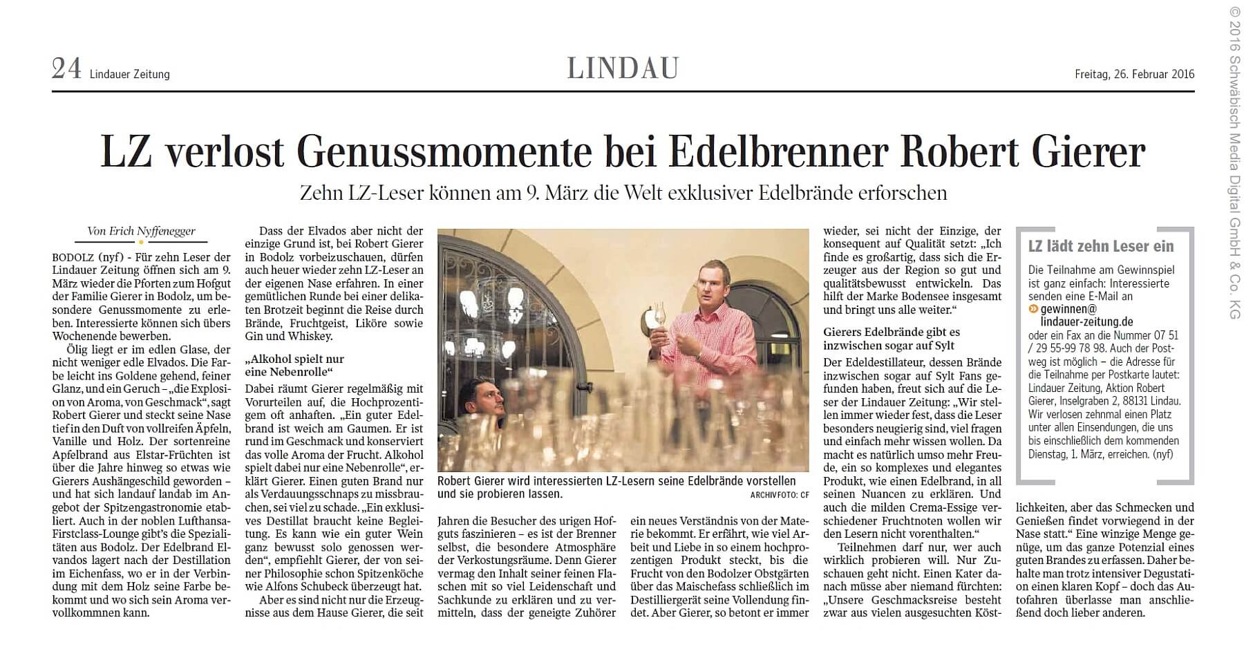 Bei Edelbrenner Gierer trinkt man mit der Nase LZ-Leser lernen, wie man Obstbrände richtig verkostet Lindauer Zeitung 11.03.2016