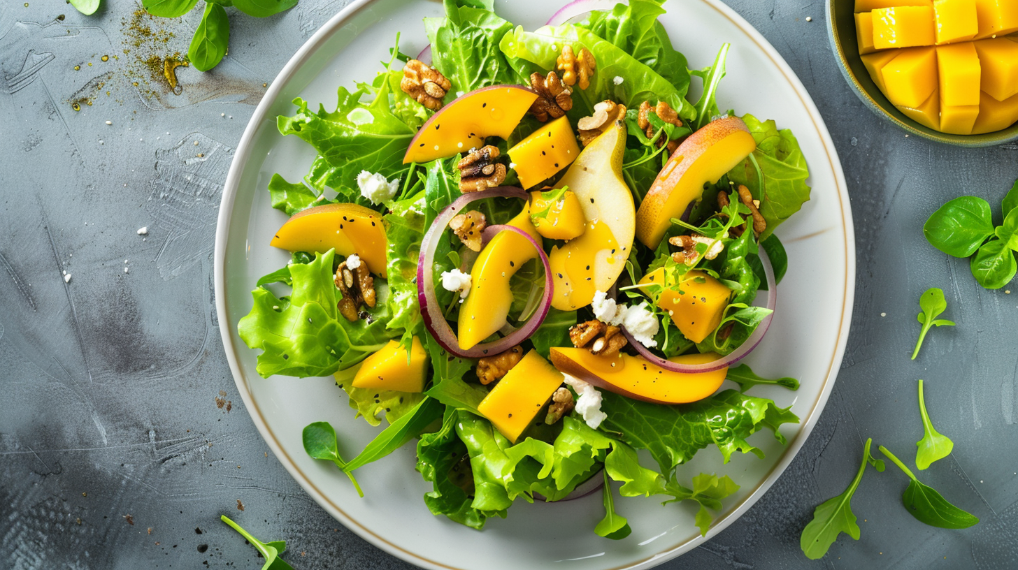 Feldsalat mit Birne, Mango und Williams-Mango-Dressing