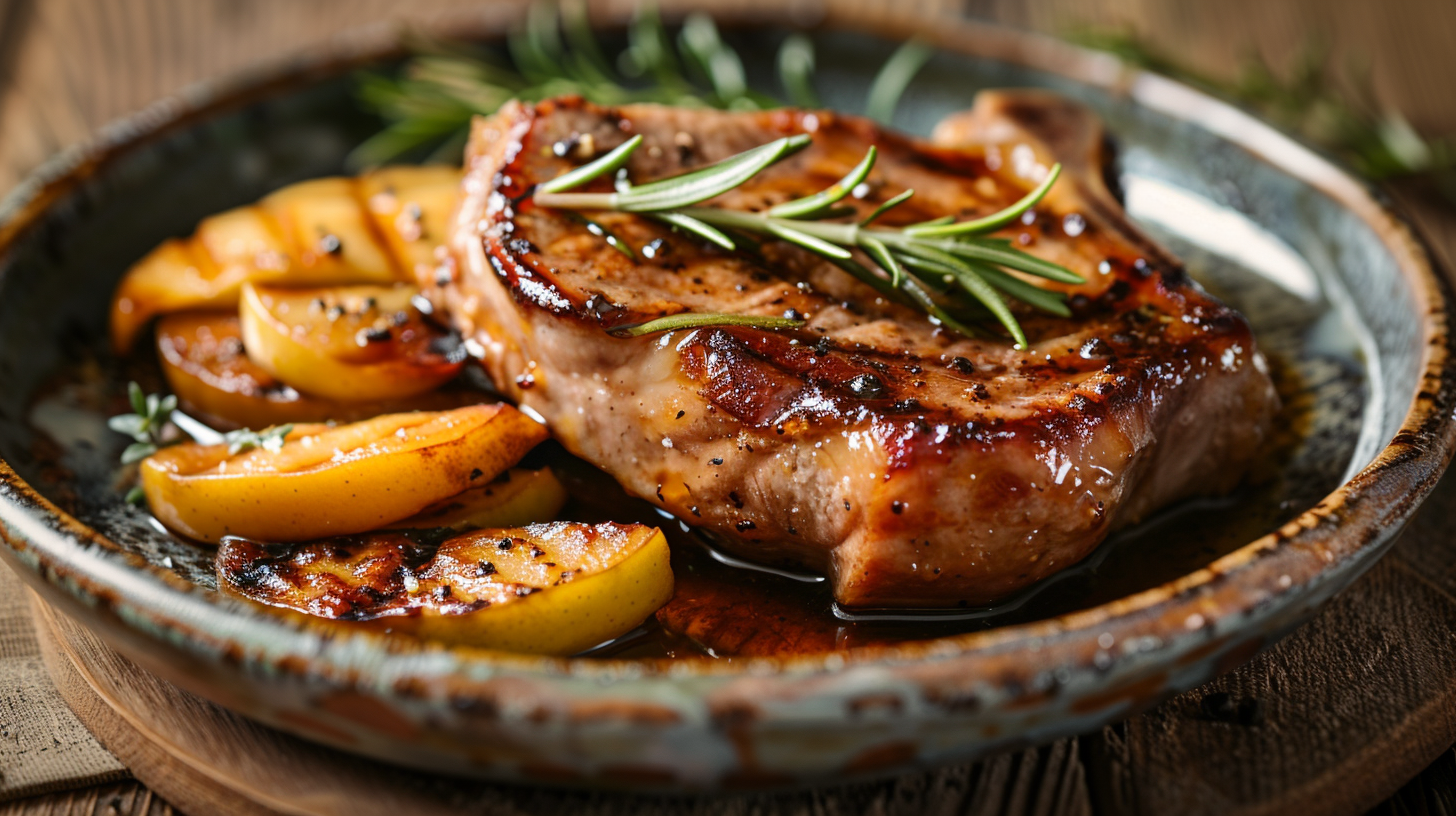 Gebratene Schweinekoteletts mit Apfel-Orange-Glasur