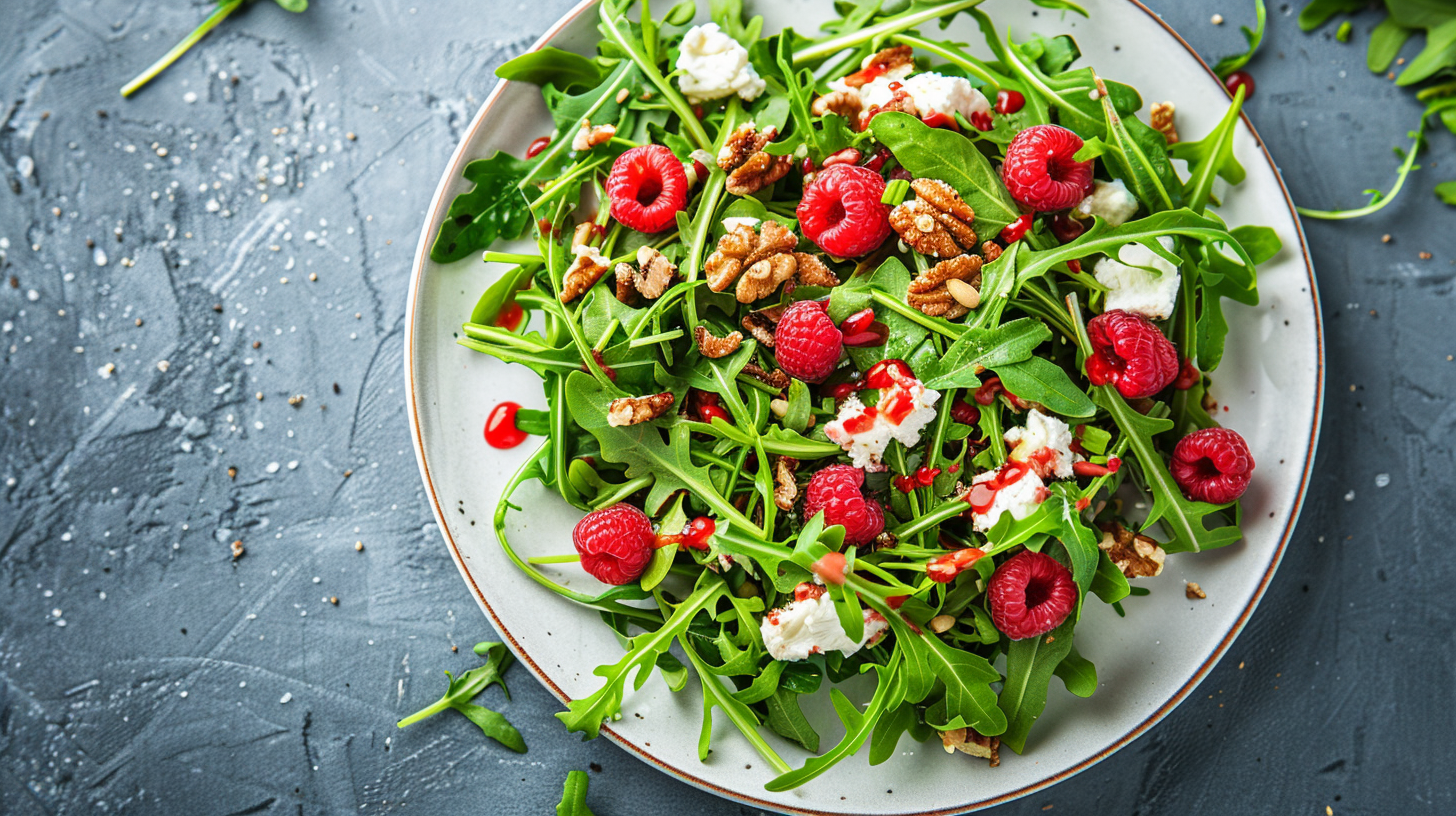 Rucola-Salat mit Ziegenkäse und Crema Himbeere